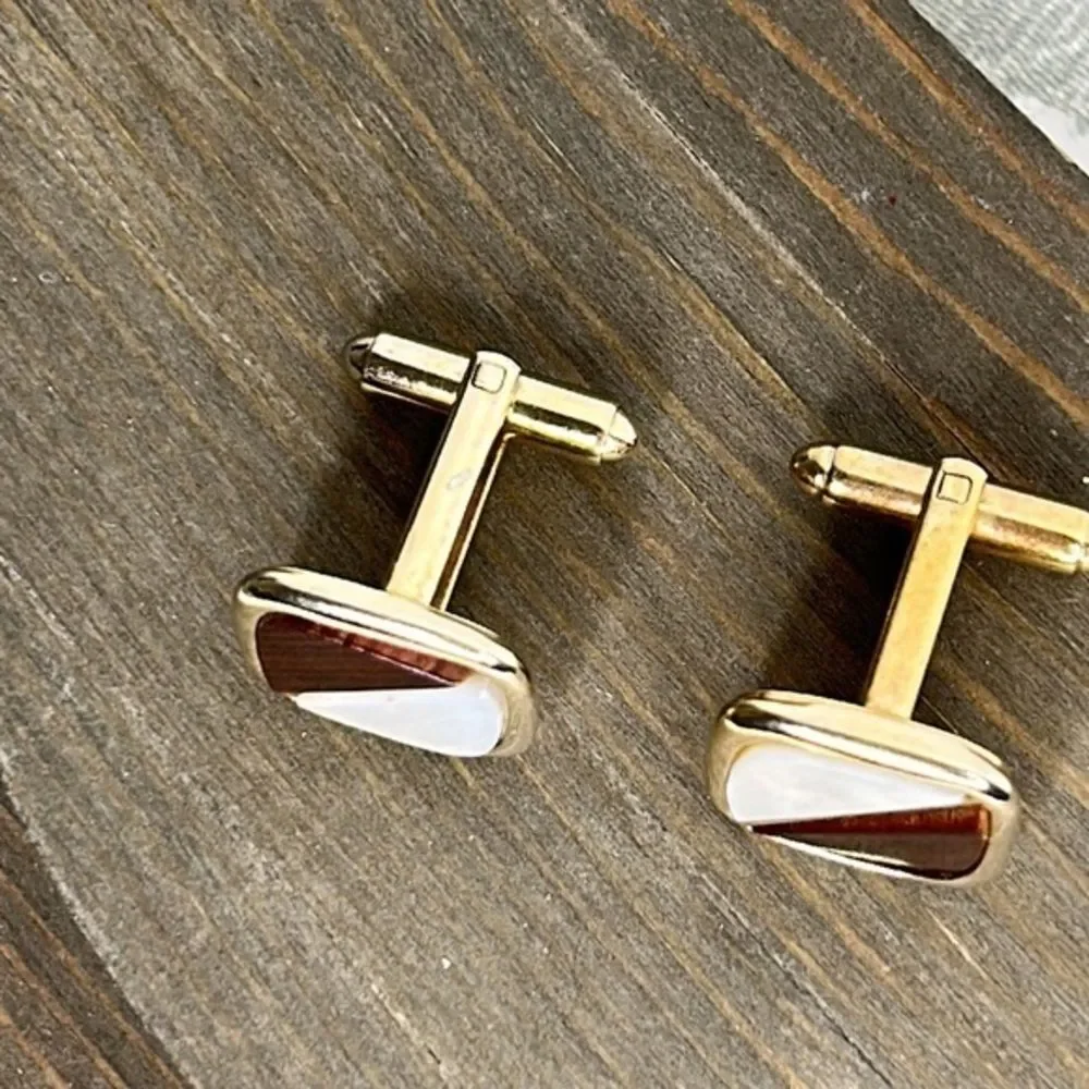 Cufflinks, mid century, modern, white, brown, and gold